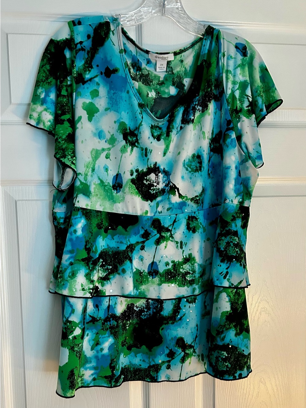 dressbarn Blue and Green Watercolor Print Blouse